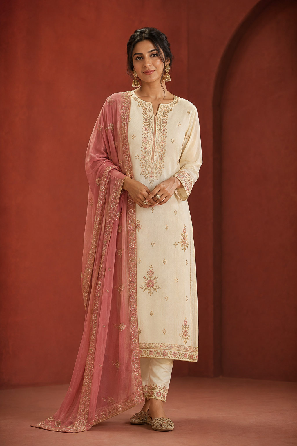 Ivory and rose kurta salwar with fine embroidery