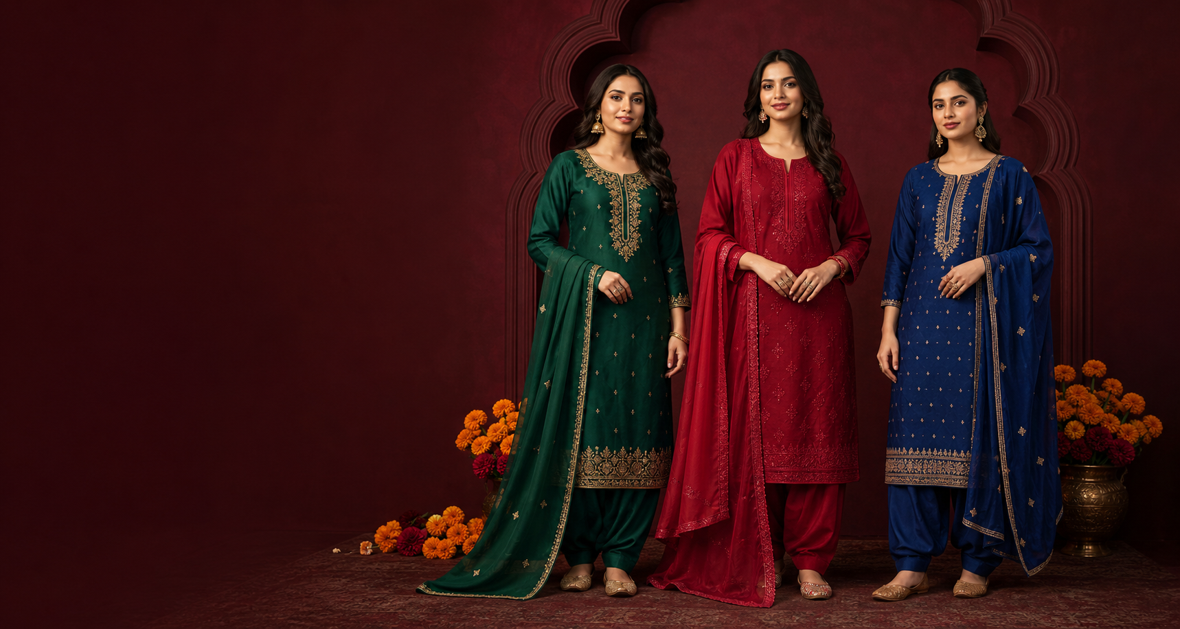 Three women wearing green, crimson and blue kurta salwar sets from Manisha Collection